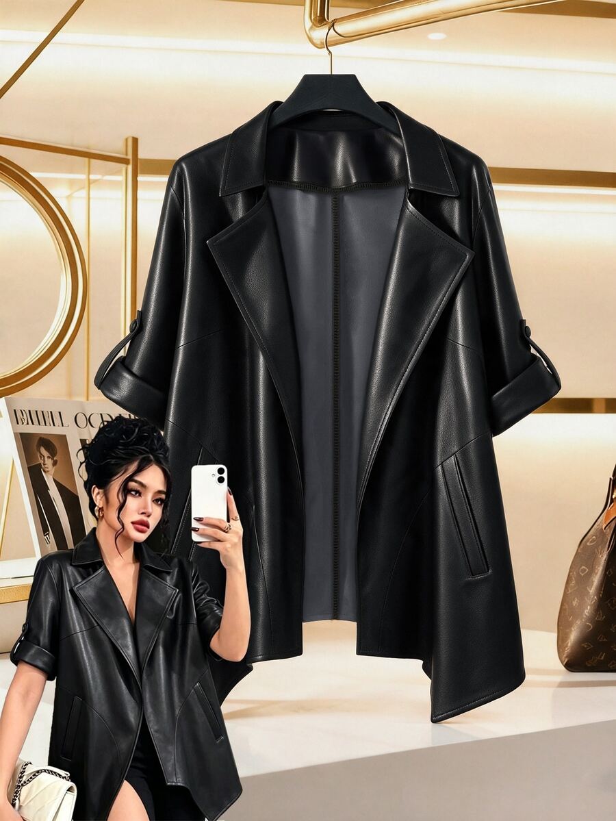 GlowEve CURVE 2026 Plus-Size Women's Asymmetrical Leather Blazer, Perfect For Everyday Wear, Commuting, And Evening Events. Black Autumn/Winter Clothing.