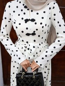 Graceveil Women's Elegant Polka-Dot Dress Knotted Button Closures-Suitable For Parties, The Workplace, And Evening Events; Perfect For All Seasons. - White - View 5