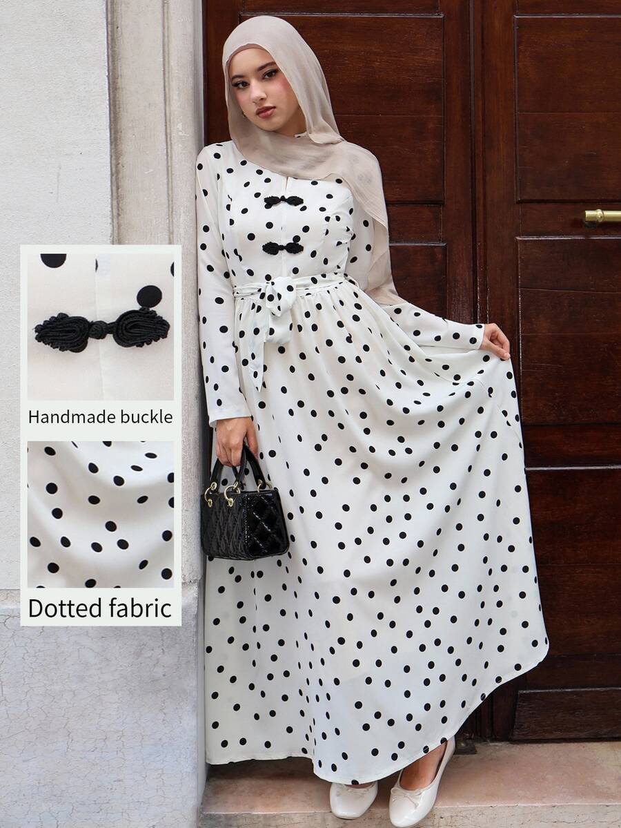 Graceveil Women's Elegant Polka-Dot Dress Knotted Button Closures-Suitable For Parties, The Workplace, And Evening Events; Perfect For All Seasons.