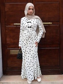 Graceveil Women's Elegant Polka-Dot Dress Knotted Button Closures-Suitable For Parties, The Workplace, And Evening Events; Perfect For All Seasons. - White - View 9