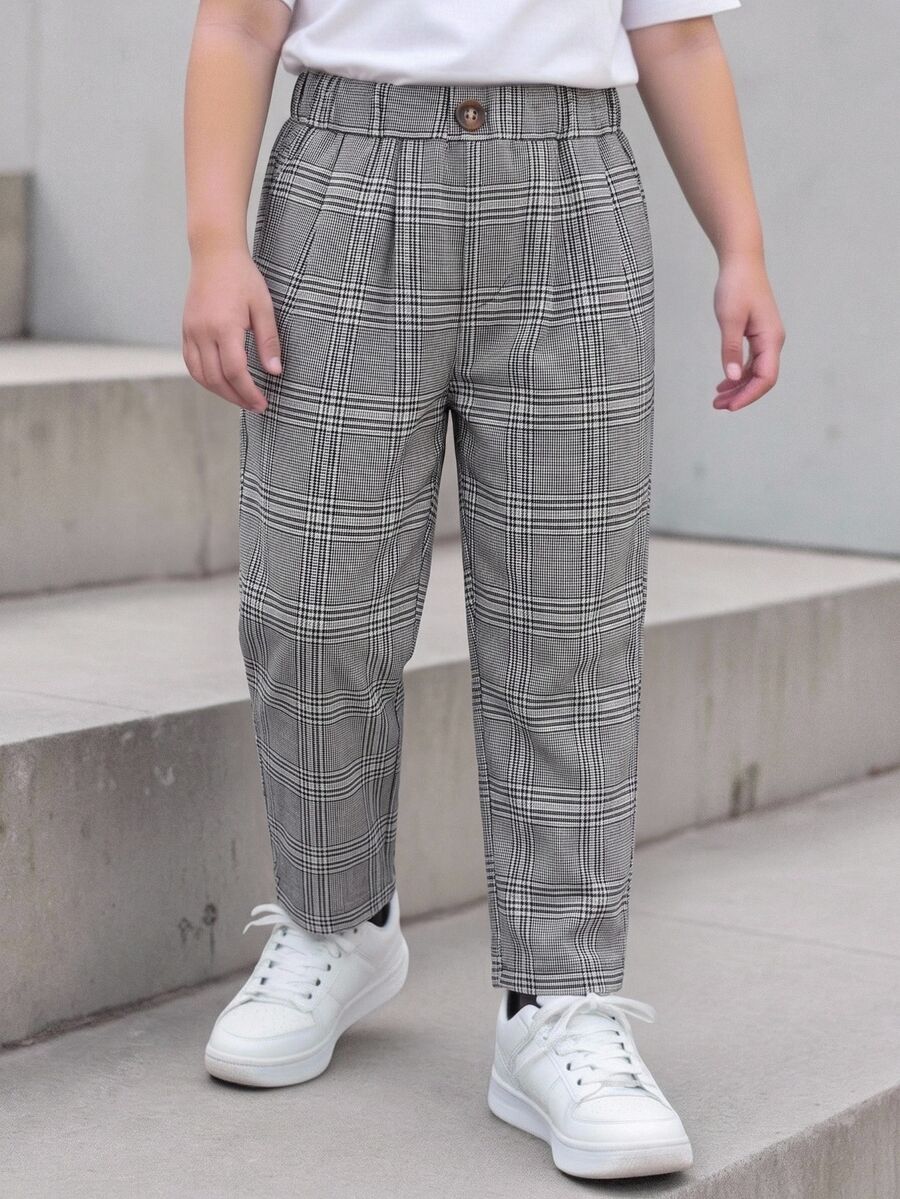 SHEIN Young Boy Casual Comfortable Solid Color Pants,School One Button Decor Diagonal Pockets,Elastic Waistband Design,Suitable For Daily Wear,Travel,Party - Multicolor - View 1