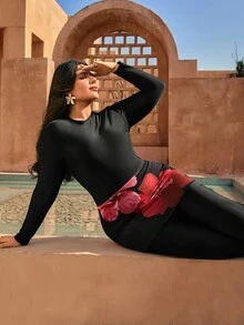 Swim Shayni Plus Size 3-Piece Set,Black Long Pants,Sleeve Crew Neck Top&Red Flower Patterned Skirt,Modest Middle Eastern Burkini Swimwear Set,Summer,Beach,Holiday - Multicolor - View 2