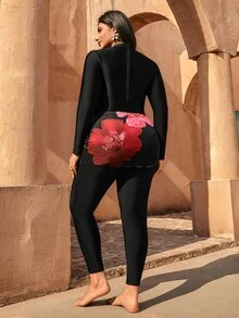 Swim Shayni Plus Size 3-Piece Set,Black Long Pants,Sleeve Crew Neck Top&Red Flower Patterned Skirt,Modest Middle Eastern Burkini Swimwear Set,Summer,Beach,Holiday - Multicolor - View 3