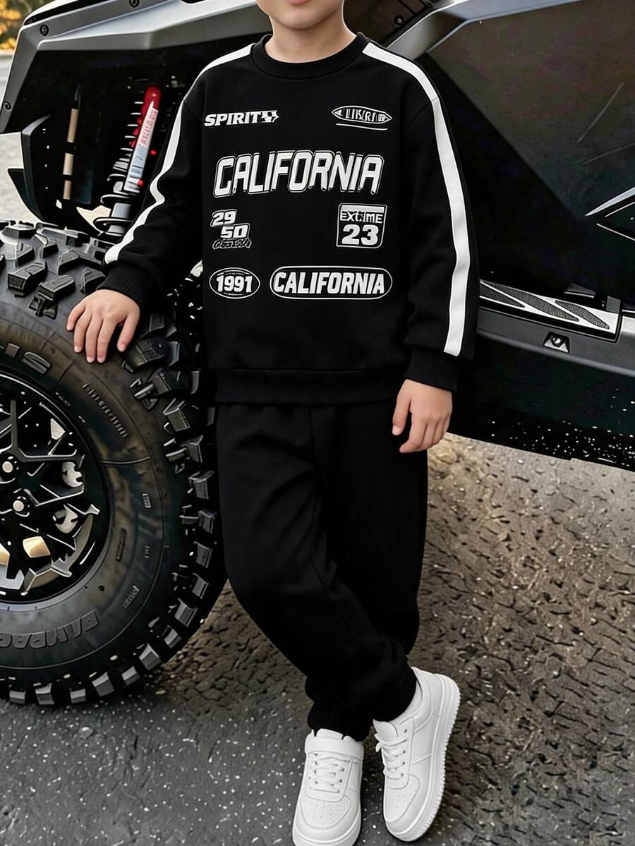 SHEIN Coolqubz 2pcs Boys' Fashion Black Sweatshirt And Pants Set, White ...
