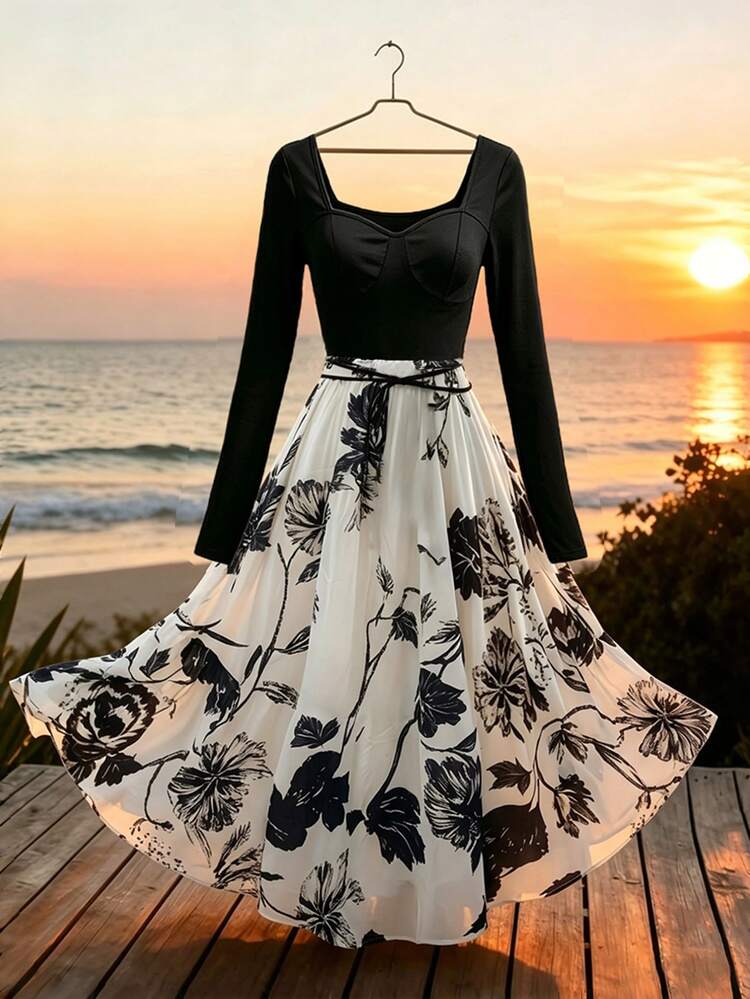 SHEIN Franclia Women's Printed Long Sleeve Dress, Colorful Patchwork, Casual Holiday Style - Black - View 7