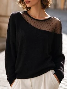 SHEIN PariChic Women's Polka Dot Mesh Patchwork Asymmetric Shoulder Top, Atmospheric Asymmetrical Shoulder Loose Long Sleeve Knit T-Shirt, Niche Design - Black - View 3