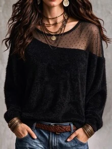 SHEIN PariChic Women's Polka Dot Mesh Patchwork Asymmetric Shoulder Top, Atmospheric Asymmetrical Shoulder Loose Long Sleeve Knit T-Shirt, Niche Design - Black - View 4