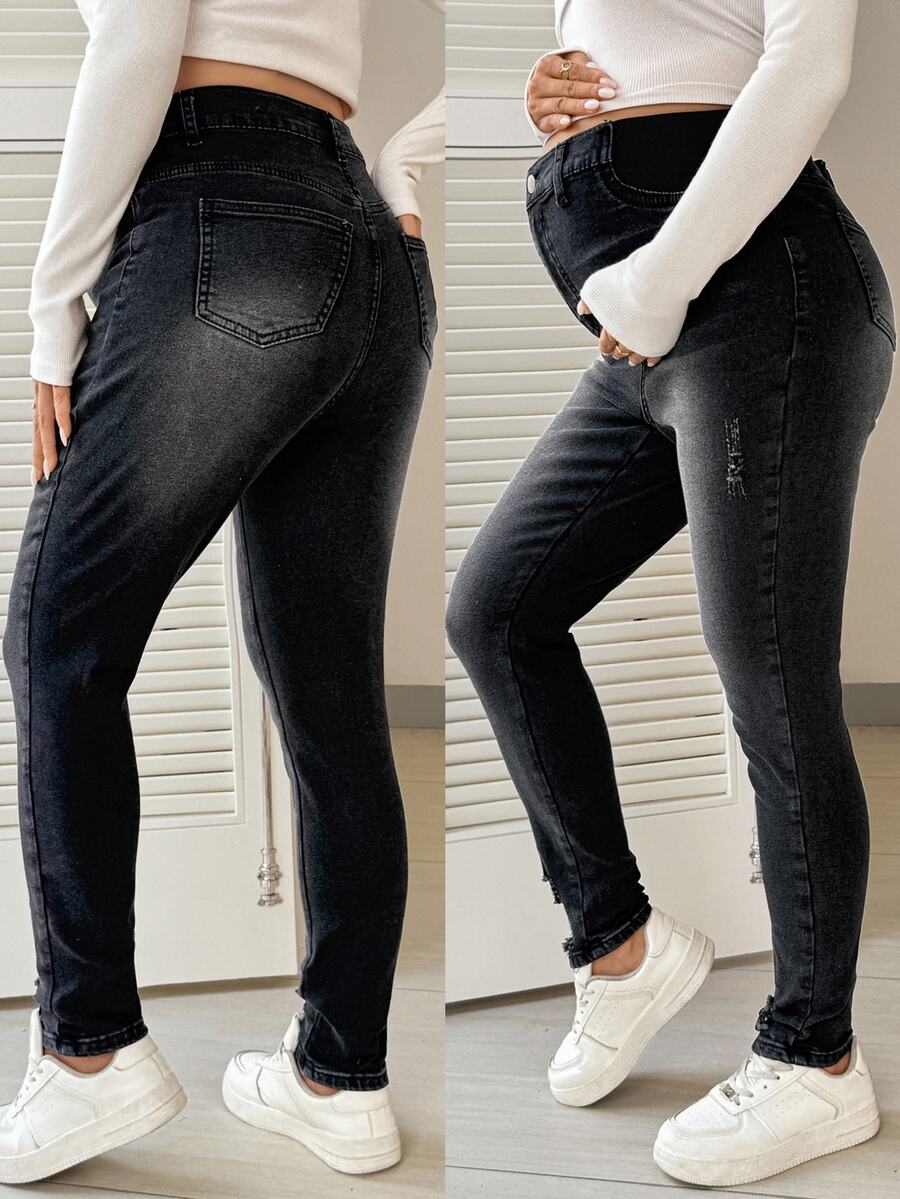 SHEIN 孕婦休閒日常外出牛仔褲,附口袋與鈕扣,女款牛仔女孩風套裝,感恩節穿搭 - 黑色 - 查看 1