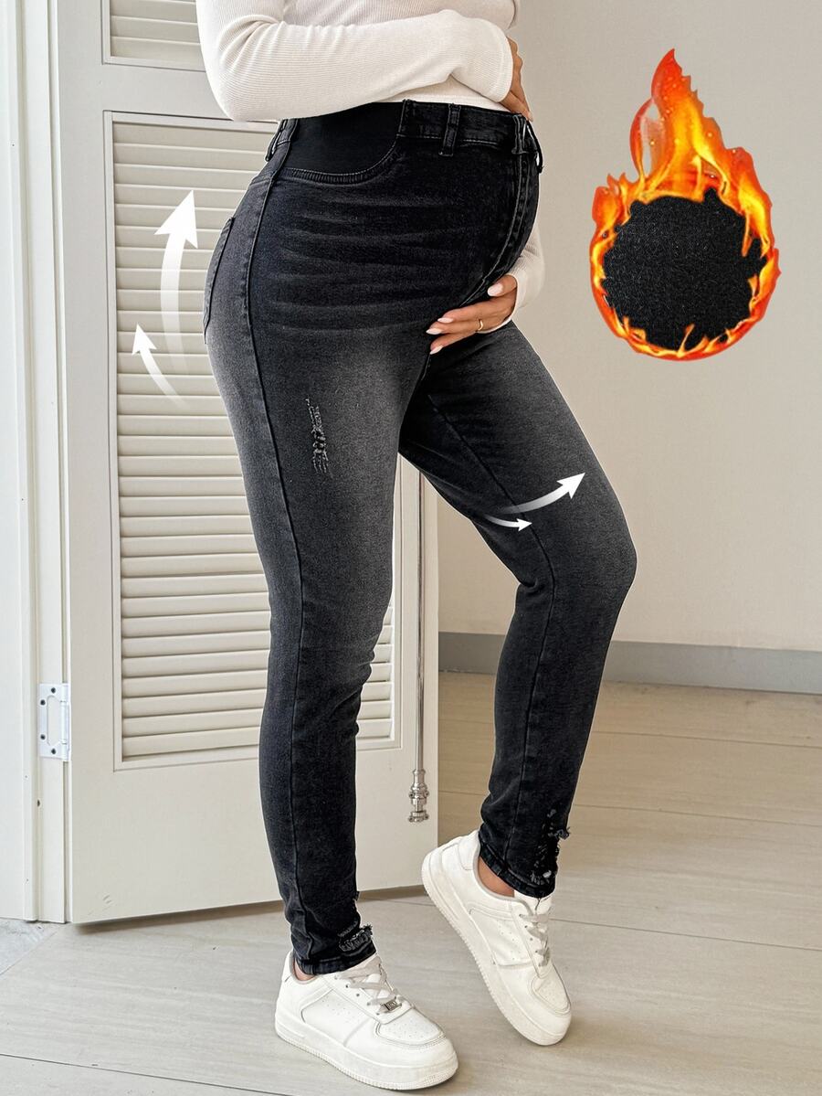 SHEIN Maternity Casual Daily Outing Denim Jeans With Pockets And Buttons Cowgirl Outfits For Women Thanksgiving - Black - View 1