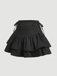 SHEIN MOD Rok Lipit Hitam dengan Hiasan Ruffle di Samping dan Tali Pengikat, Gaya Maksimalis, Halloween, Natal, Acara Keluar Malam - Hitam - View 1
