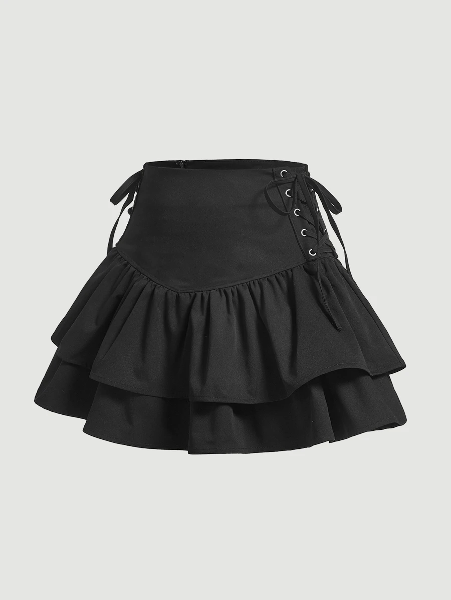 SHEIN MOD Rok Lipit Hitam dengan Hiasan Ruffle di Samping dan Tali Pengikat, Gaya Maksimalis, Halloween, Natal, Acara Keluar Malam - Hitam - View 1