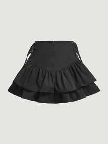 SHEIN MOD Rok Lipit Hitam dengan Hiasan Ruffle di Samping dan Tali Pengikat, Gaya Maksimalis, Halloween, Natal, Acara Keluar Malam - Hitam - View 2