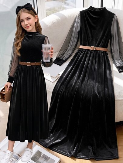 SHEIN Teen Girls Fall Black Velvet Midi Dress, Draped Mock Neck Sheer Mesh Long Sleeve A-Line Flowy, Elegant Cute Solid Formal Party Birthday Evening