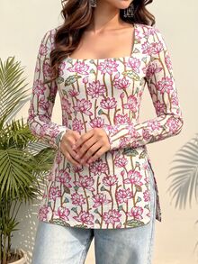 INAWLY 女款花卉印花方領喇叭袖側開衩下擺時尚上衣 - 彩色 - 查看 1