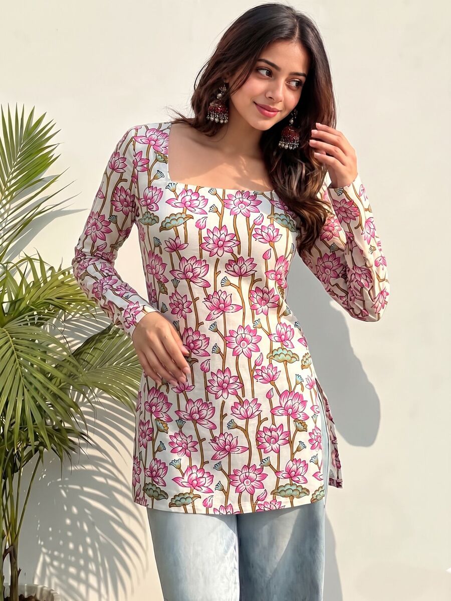 INAWLY Atasan Wanita Motif Bunga Kerah Persegi Lengan Lonceng Belahan Samping di Bagian Bawah - MultiWarna - View 1