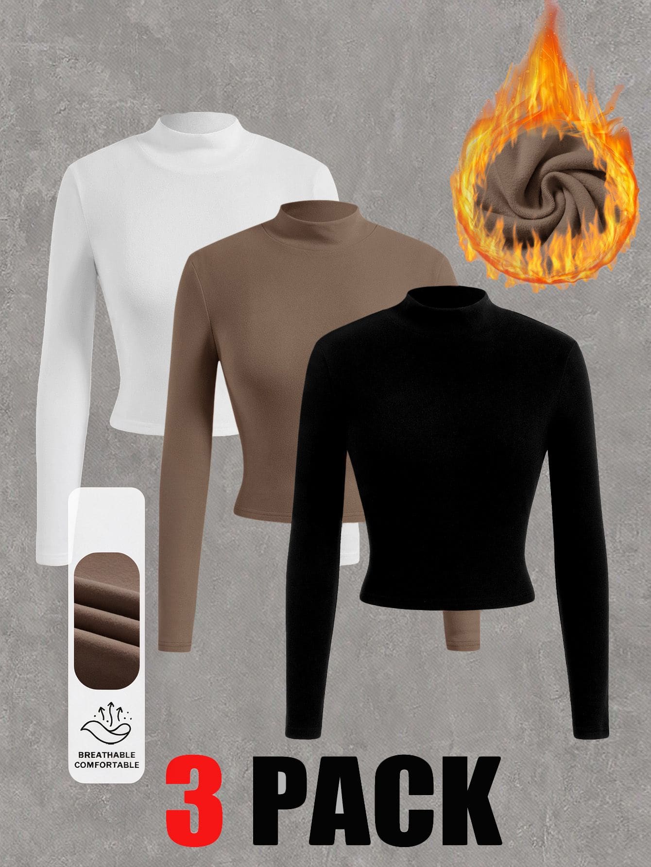 SHEIN EZwear Camiseta de manga larga de cuello alto medio de unicolor, cálida, 3 paquetes, para uso diario en casa, blanco, marrón, negro, otoño, minimalista, casual, básica, a juego para la familia - Multicolor - Ver 1