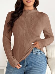 Shapeblank Plus-Size Women's Autumn/Winter Fashionable Casual High-Elasticity Comfortable Everyday Textured Fabric, Mock Neck Apricot Fall - Coffee Brown - View 2