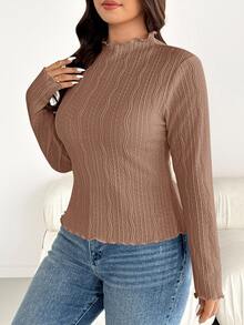Shapeblank Plus-Size Women's Autumn/Winter Fashionable Casual High-Elasticity Comfortable Everyday Textured Fabric, Mock Neck Apricot Fall - Coffee Brown - View 4