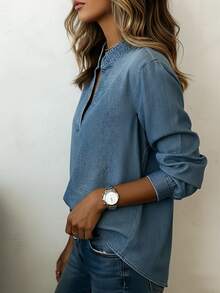 SHEIN [Denim Effect] Women's Blue Spring/Autumn Long Sleeve Denim Effect Pullover Shirt, Denim Effect Top - Blue - View 6