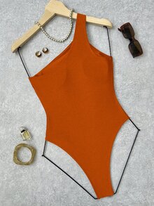 Bonvoyette Solid Color Hollow Out Asymmetric Metal Decor Swimsuit, One-Piece, Suitable For Beach Party Vacation Vacation Burnt Orange Summer Sexy Tropical - Orange - View 2