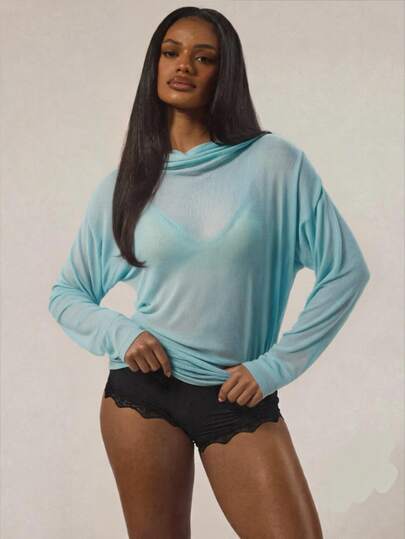 Femmeiva Women's Top Loose Drop Shoulder Sheer Mesh Knit Mock Round Neck Long Sleeve Semi-See-Through Elegant Light Blue Solid Fall Clothes For Women Halloween