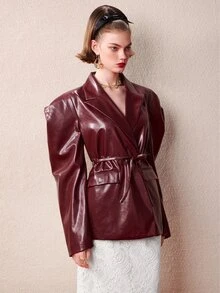 SHEIN Aveloria GENKIRA 女款修身 PU 泡泡袖收腰翻領復古優雅 Baddie 風酒紅色純色秋季外套，萬聖節女裝 - 酒紅色 - 查看 6