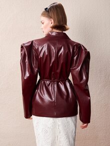 SHEIN Aveloria GENKIRA 女款修身 PU 泡泡袖收腰翻領復古優雅 Baddie 風酒紅色純色秋季外套，萬聖節女裝 - 酒紅色 - 查看 5