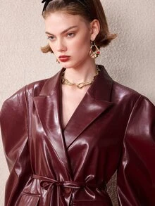 SHEIN Aveloria GENKIRA 女款修身 PU 泡泡袖收腰翻領復古優雅 Baddie 風酒紅色純色秋季外套，萬聖節女裝 - 酒紅色 - 查看 2