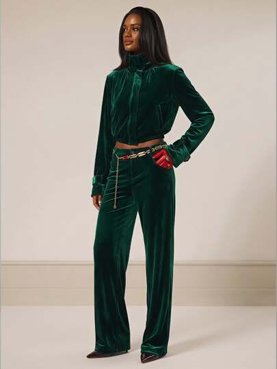 Barévion Women's Wide Leg Pants Set Cropped Top High Waisted Velvet Cuffed Hem Button Slant Pockets Vintage Elegant Emerald Green Solid Women's Set Halloween