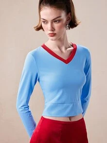 SHEIN Aveloria GENKIRA Women's Colorblock V-Neck Long Sleeve Waist-Cinching Fashionable Short Top - Blue - View 8