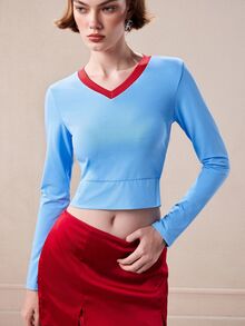 SHEIN Aveloria GENKIRA Women's Colorblock V-Neck Long Sleeve Waist-Cinching Fashionable Short Top - Blue - View 6
