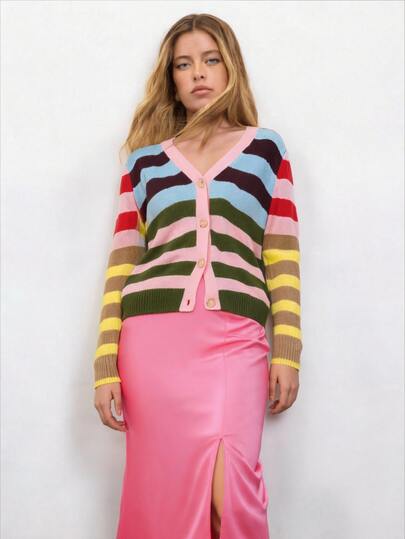 Barévion Women's Knit Cardigan Slim Fit Knit V-Neck Single-Breasted Colorful Contrast Modern Multicolor Striped Sweater Fall Clothes For Women Christmas