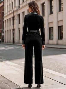 Editum Women's Solid Color Shawl Collar Long Sleeve Pocket Elegant Jumpsuit Party Night Dinner Cocktail Black - Black - View 9