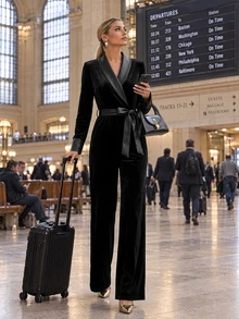 Editum Women's Solid Color Shawl Collar Long Sleeve Pocket Elegant Jumpsuit Party Night Dinner Cocktail Black - Black - View 3