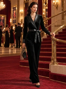 Editum Women's Solid Color Shawl Collar Long Sleeve Pocket Elegant Jumpsuit Party Night Dinner Cocktail Black - Black - View 5