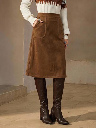 Wildy BOHO Casual Western Style Country Nomad Women's Suede Skirt, Autumn/Winter Daily Basic Outfit For Outings