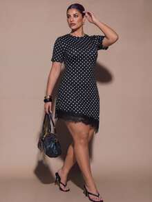 SHEIN BAE CURVE Elegant Polka Dot Plus Size Lace Patchwork Dress - Multicolor - View 3