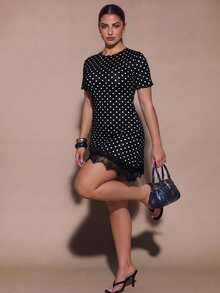 SHEIN BAE CURVE Elegant Polka Dot Plus Size Lace Patchwork Dress - Multicolor - View 5