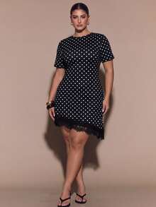 SHEIN BAE CURVE Elegant Polka Dot Plus Size Lace Patchwork Dress - Multicolor - View 1