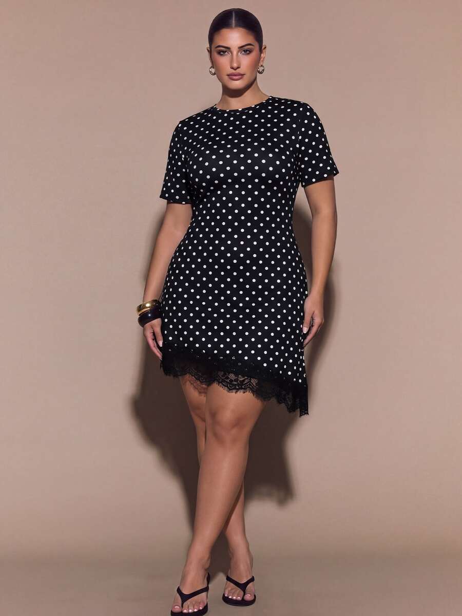 SHEIN BAE CURVE Elegant Polka Dot Plus Size Lace Patchwork Dress - Multicolor - View 1