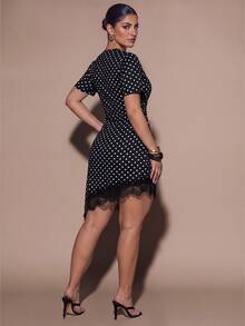 SHEIN BAE CURVE Elegant Polka Dot Plus Size Lace Patchwork Dress - Multicolor - View 2