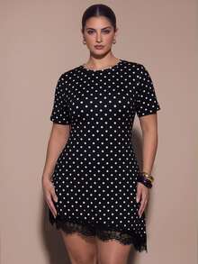 SHEIN BAE CURVE Elegant Polka Dot Plus Size Lace Patchwork Dress - Multicolor - View 6