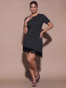 SHEIN BAE CURVE Elegant Polka Dot Plus Size Lace Patchwork Dress - Multicolor - View 4