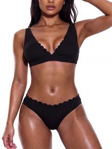 SHEIN Swim Women's Solid Color High-Waisted Bikini Set With Scallop Trim, For Summer Beach, Black Bathing Suits - Black - View 4