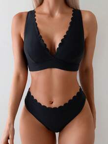SHEIN Swim Women's Solid Color High-Waisted Bikini Set With Scallop Trim, For Summer Beach, Black Bathing Suits - Black - View 7