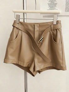INAWLY Women's Casual Commuter Solid Color PU Leather Pleated Waist Shorts - Khaki - View 3
