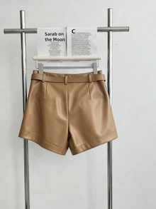 INAWLY Women's Casual Commuter Solid Color PU Leather Pleated Waist Shorts - Khaki - View 2