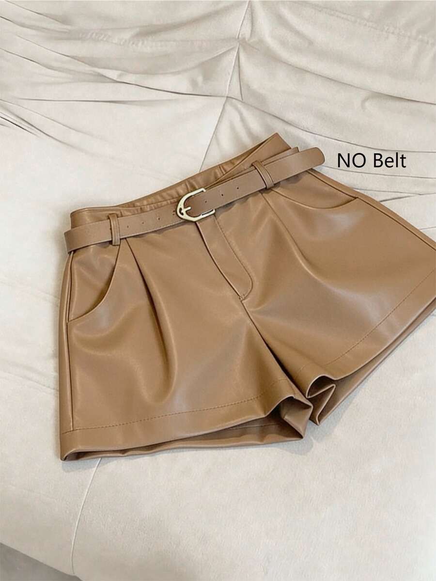 INAWLY Women's Casual Commuter Solid Color PU Leather Pleated Waist Shorts - Khaki - View 1