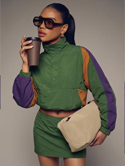 Barévion Jaket Wanita Longgar Gaya Retro Patchwork Setengah Kancing Kerah Tegak Gaya Jalanan Sporty Hijau Mustard Ungu Coklat Blok Warna Pakaian Musim Gugur untuk Wanita