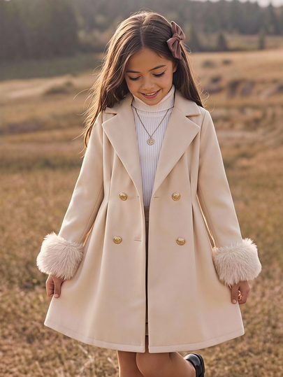SHEIN Casaco Longo para Meninas Pré-Adolescentes, Estilo Casual Elegante Vintage Preppy, Outono/Inverno, Cáqui, Lã Dupla Face, Dupla Fileira de Botões, Bolsos, Punhos com Acabamento em Pele Sintética, Cintura Plissada, Look Fashion Y2K, Adequado para Volta às Aulas, Passeios de Outono/Inverno e Uso Diário